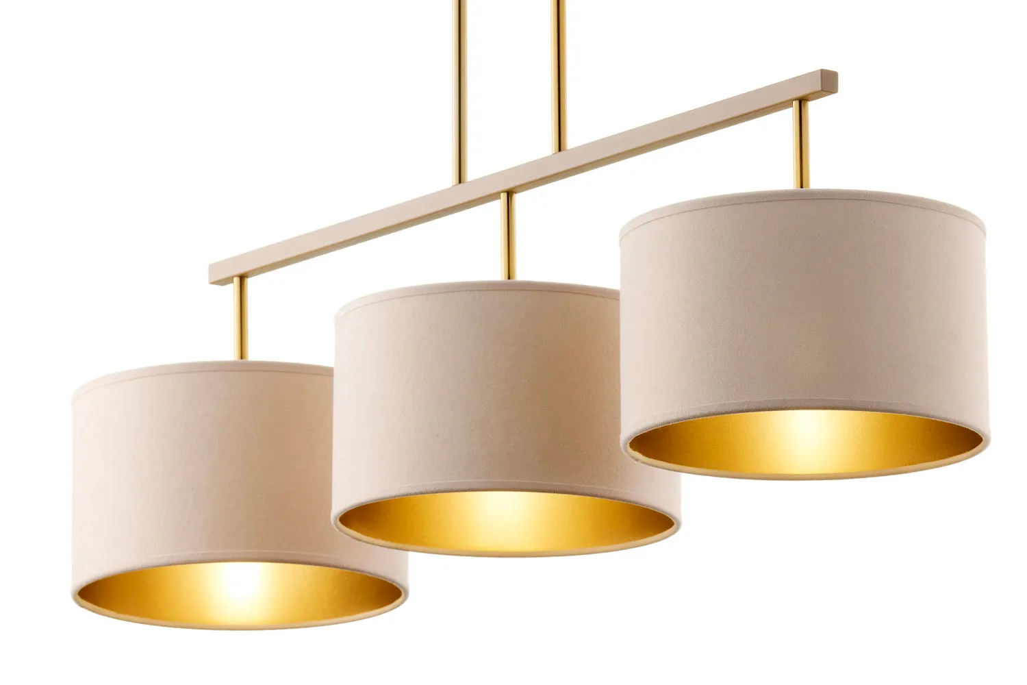 lampa wisząca, trzy abażury, złoty element, metalowa konstrukcja, styl nowoczesny