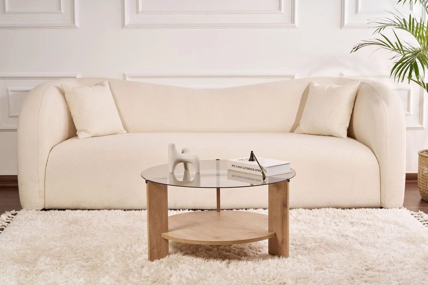 Stolik kawowy okrągły z półką CLARA 75 cm dąb sapphire blat szkło dymione