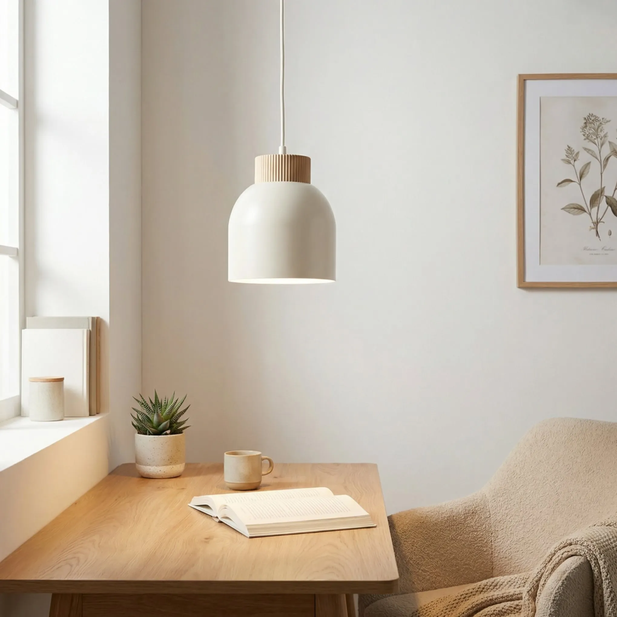 lampa wisząca, kinkiet, modern, biała, drewniany stół