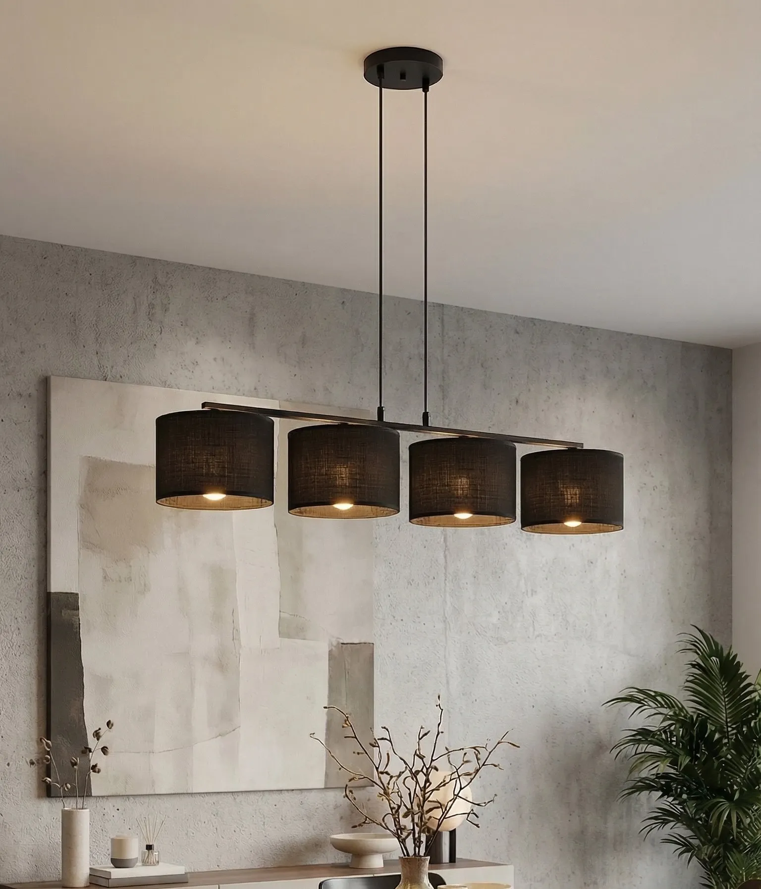 image lampa sufitowa, kinkiet cztery klosze, czarne klosze, oświetlenie wiszące, metalowa rama