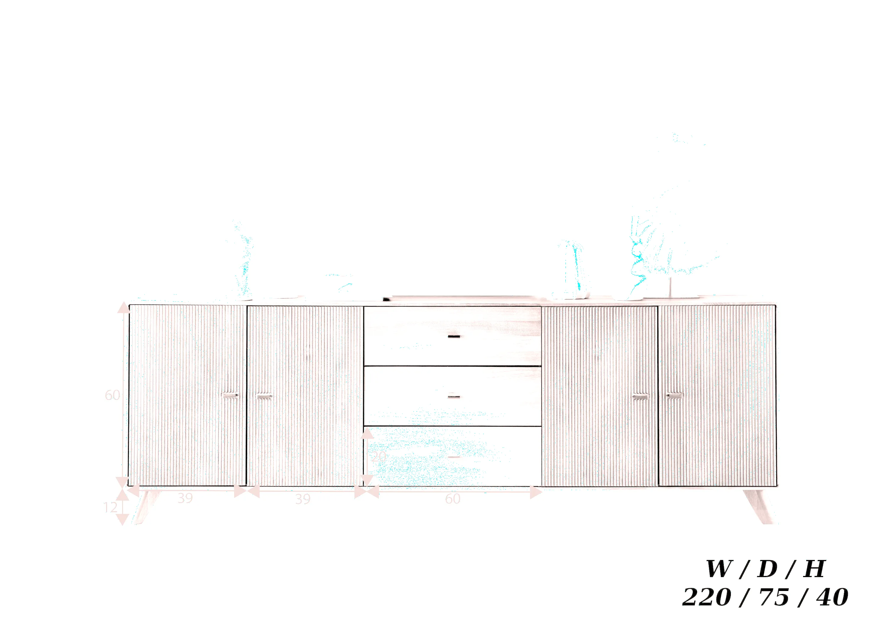 Komoda drewniana ryflowana BLISS 220x40 z 3 szufladami i 2 szafkami - GK_103624070102