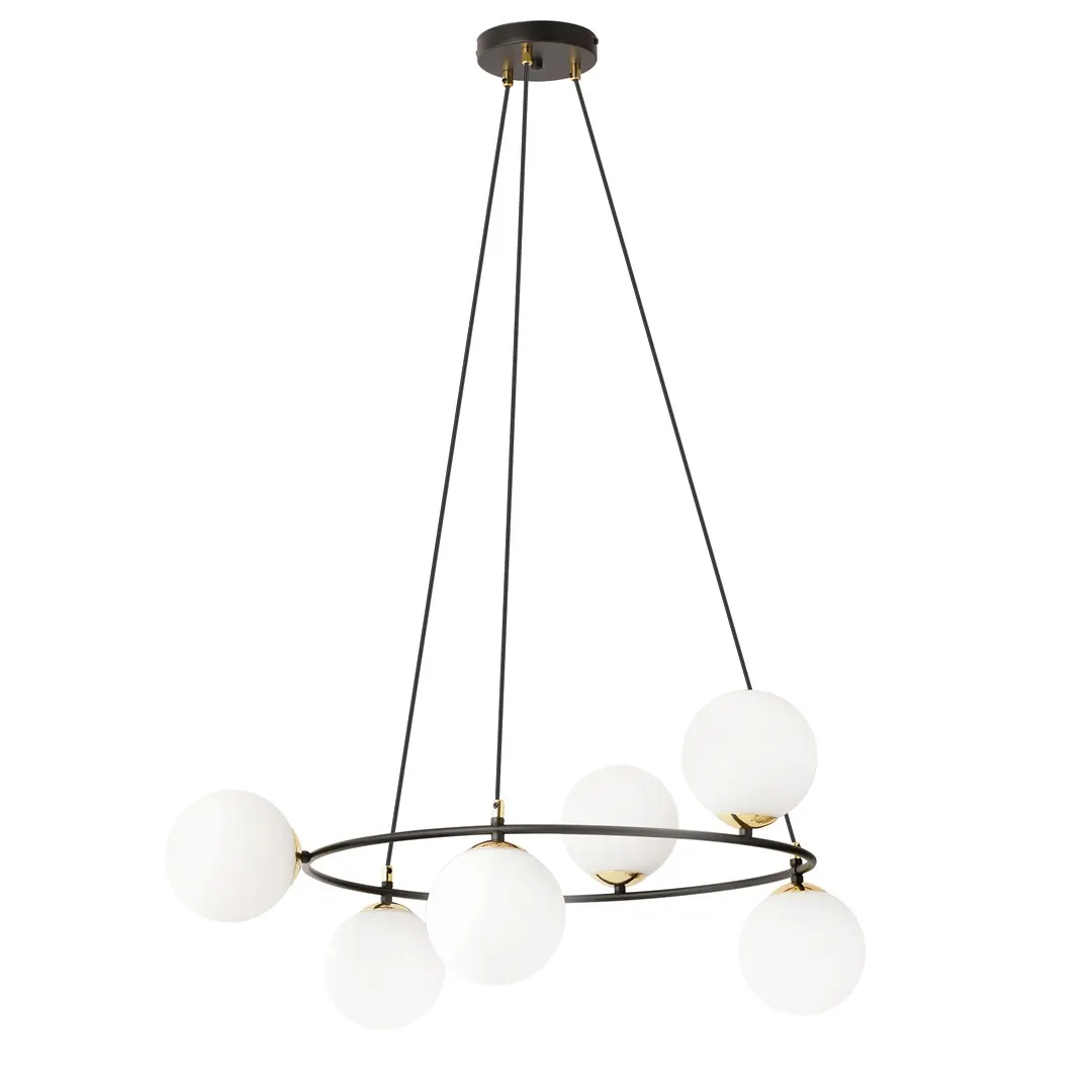 lampa wisząca, koła metalowe, globes, biała szklana, czarne pręty
