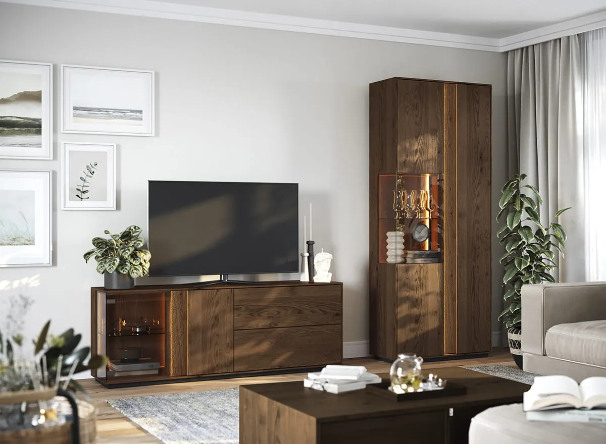 Komoda TV dębowa COLLODI z przeszkleniem i oświetleniem 165 cm - tabacco - ZICOL08T