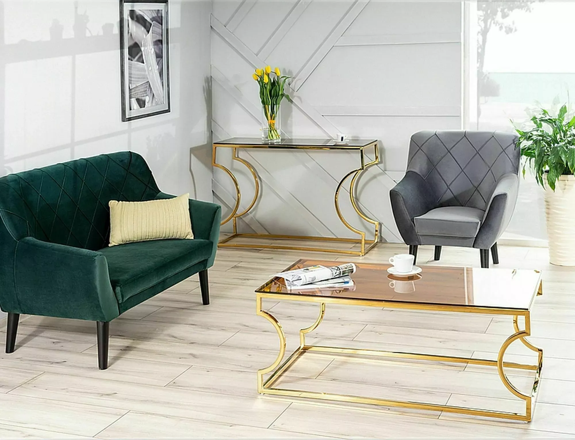 Ława KENZO A 120 cm szkło bursztynowe/złoty stelaż - KENZOACTZL