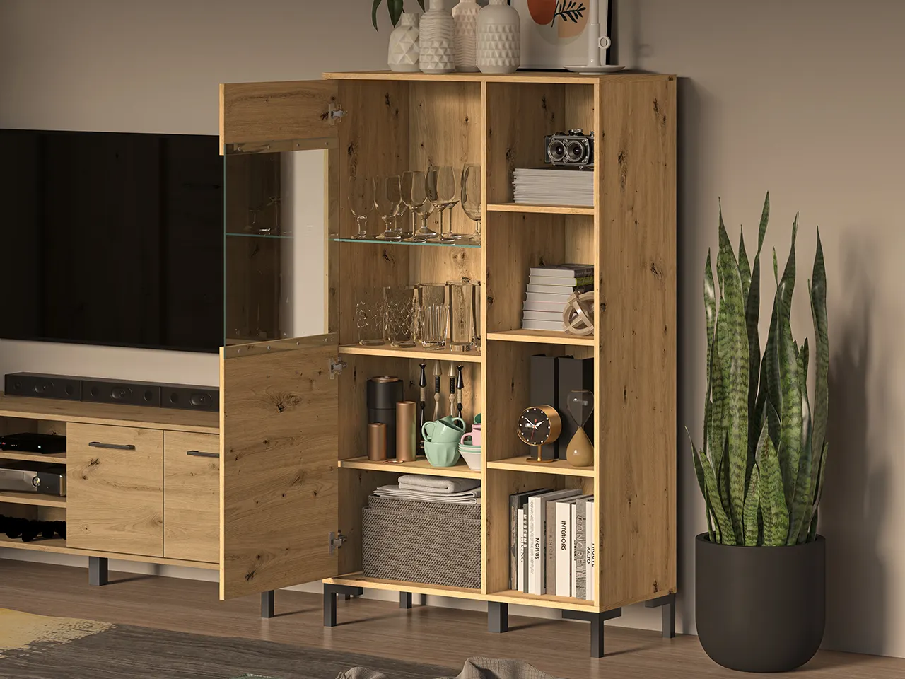 Witryna 1-drzwiowa z regałem NEVIO 19 dąb artisan 90cm - 1NEVI19-001