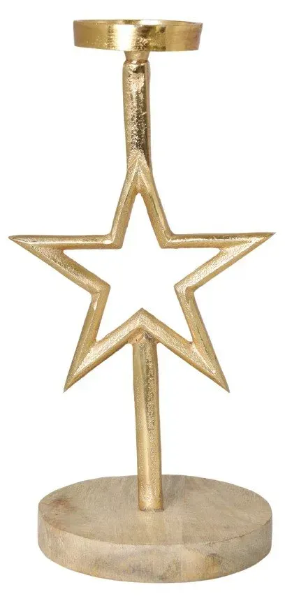 Świecznik metalowy GWIAZDA mały na drewnianej podstawie złoty naturalny