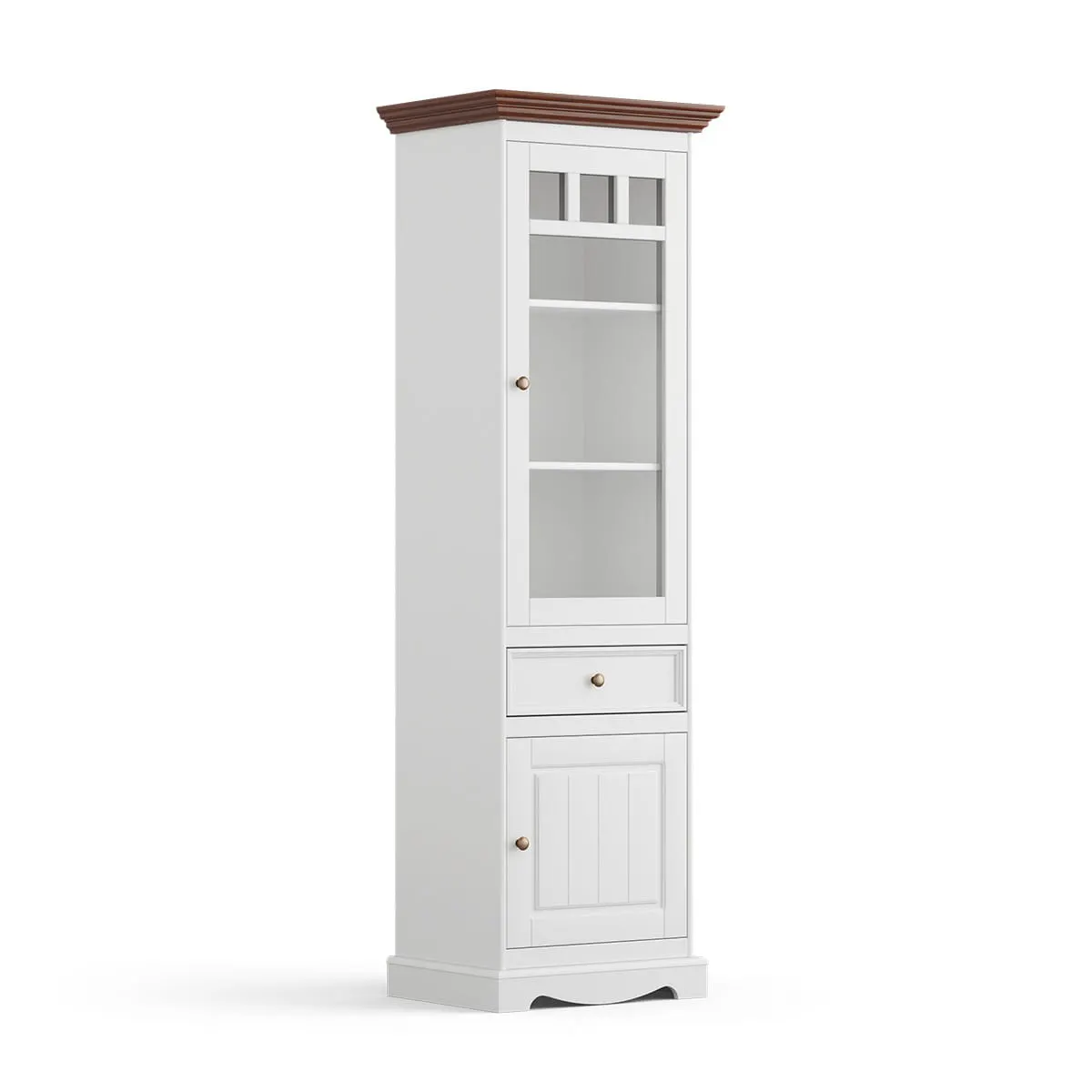 Witryna wąska BELLUNO ELEGANTE 2-drzwiowa z szufladą biała/orzech - prawa Szafa, Szafka, Meble