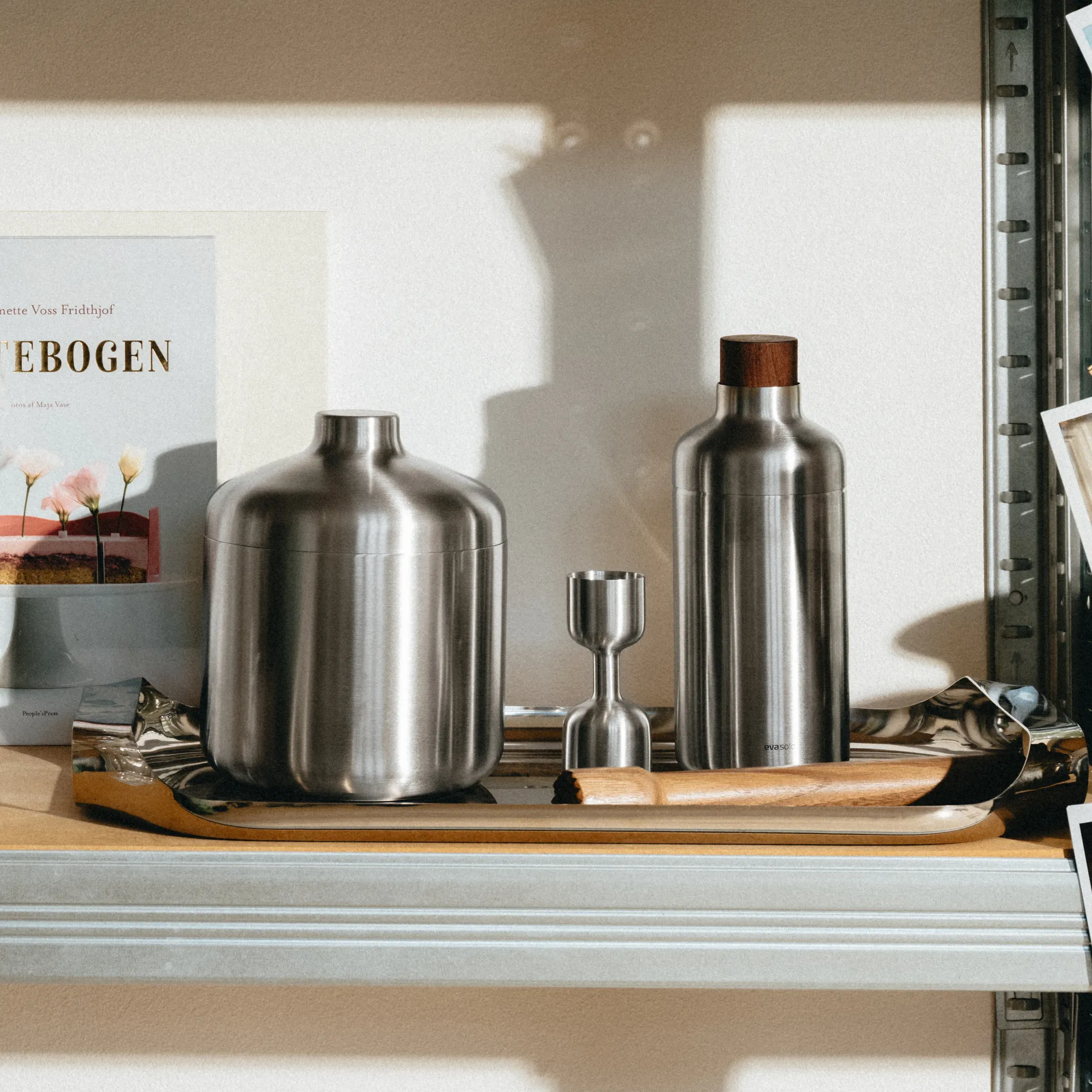 image stainless steel bottle, metal canister, condiment shaker, wooden lid, tray accessory