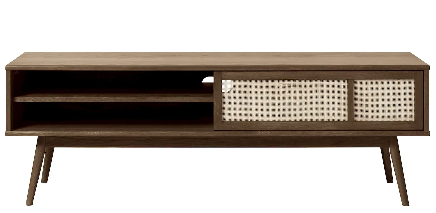 Szafka RTV 1-drzwiowa BARRALI z rattanem 150 cm - dąb wędzony, naturalny - UN_46732930