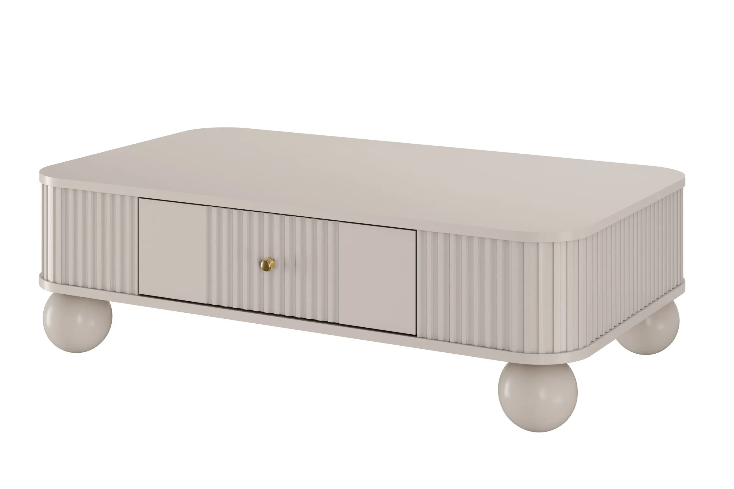 Stolik kawowy z szufladą VESPER 103 ryflowany front cashmere złote uchwyty nogi kule