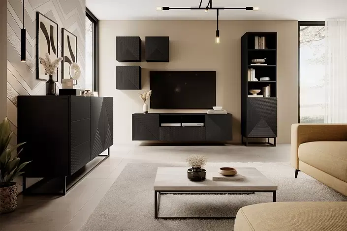 Regał ASHA 50 1D - czarny mat - czarny stelaż- ryflowany front - B_149640