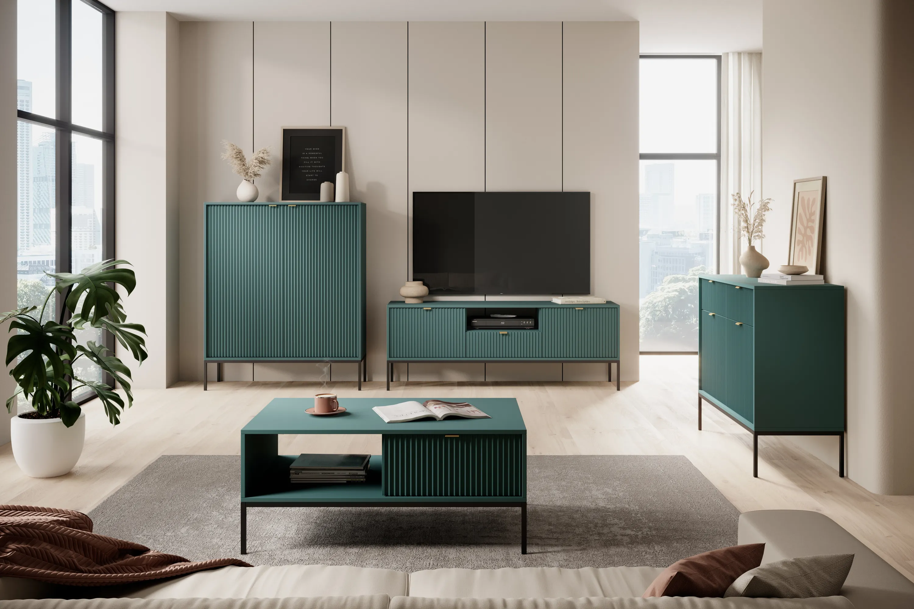 Komoda 2-drzwiowa z 2 szufladami NOVA Zielony, Czarny stelaż, Złote uchwyty