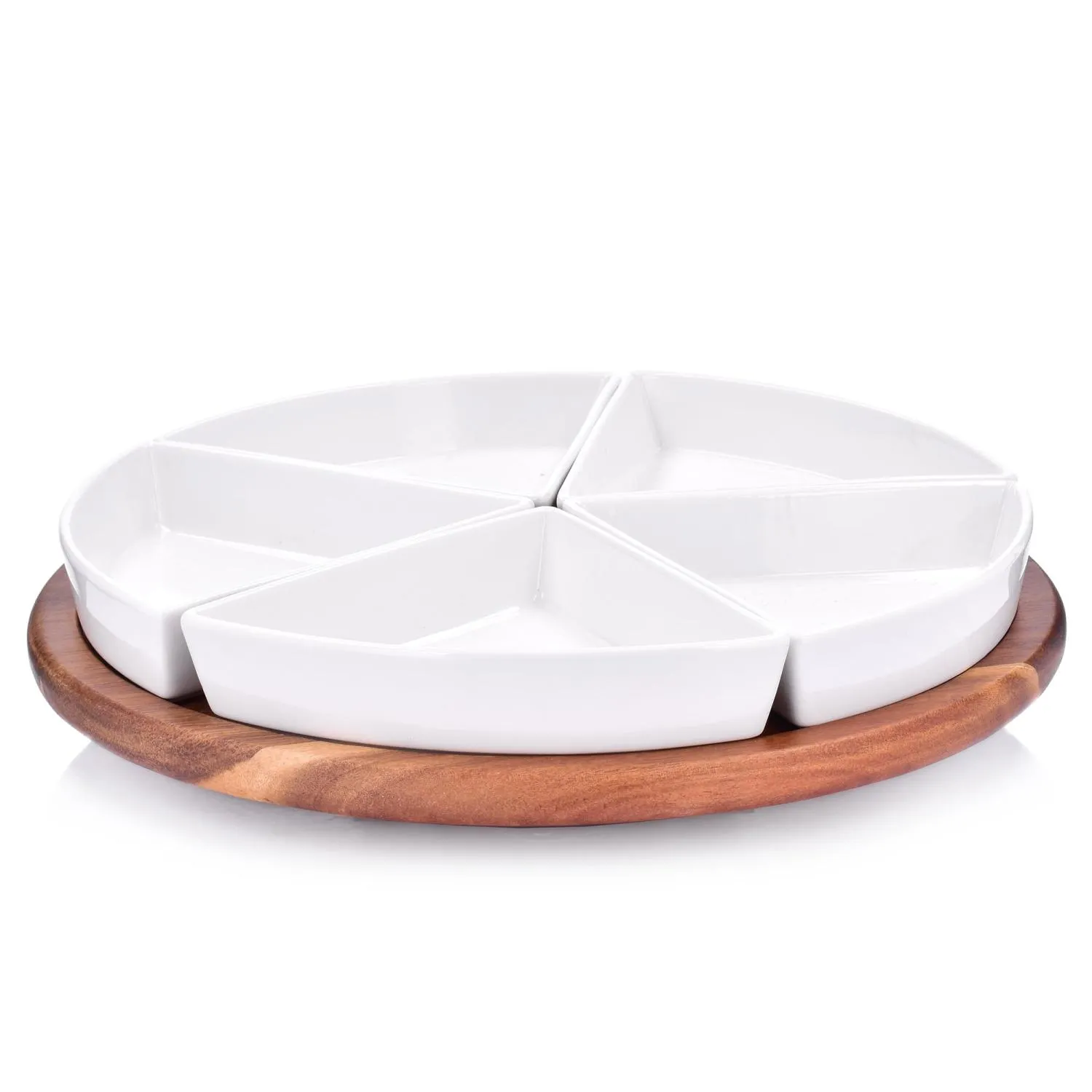image taco Tray, white dividers, ceramic bowls, wooden tray, rotate base