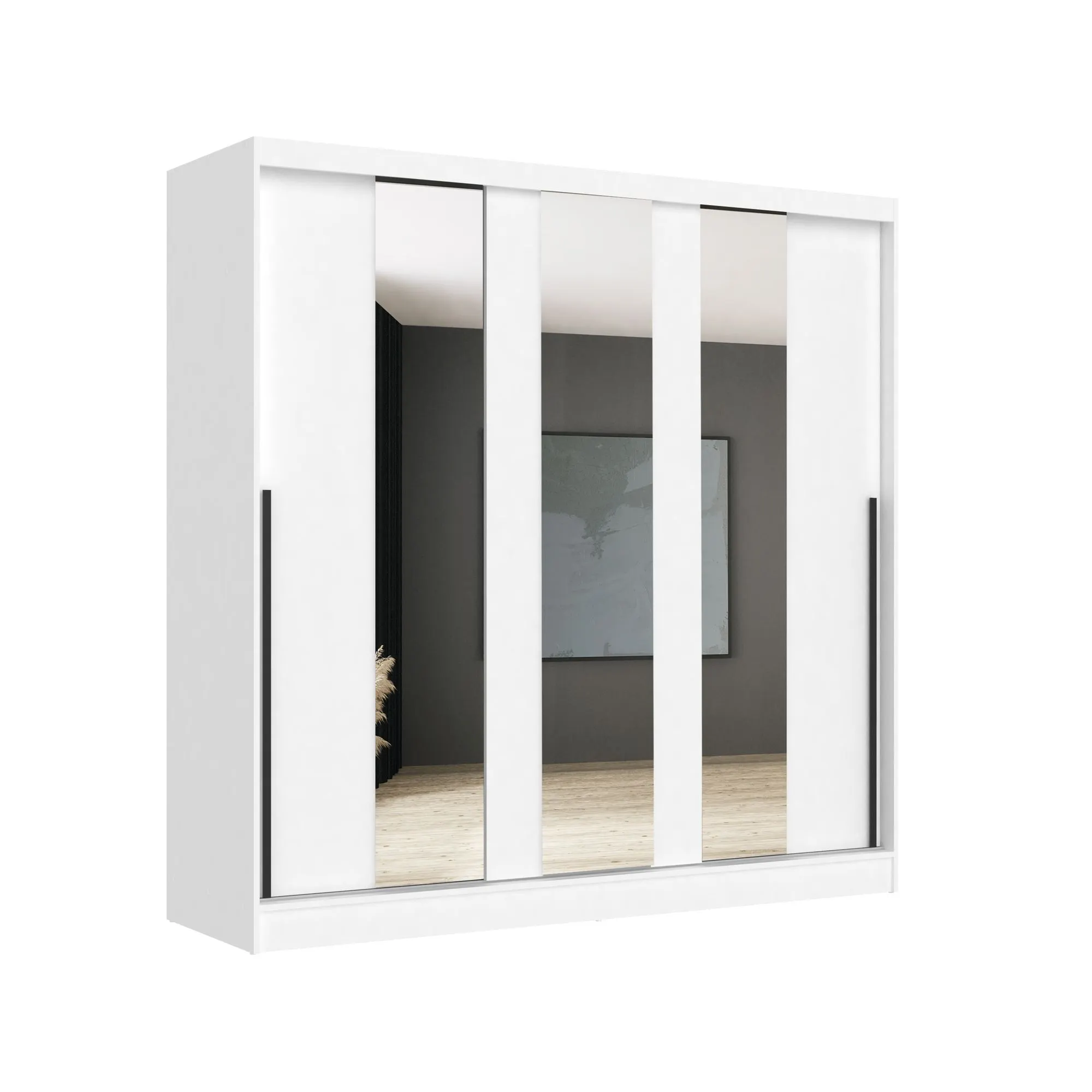 Szafa 3-drzwiowa 3 wąskie lustra ARIS drzwi przesuwne biała - INT_5002573