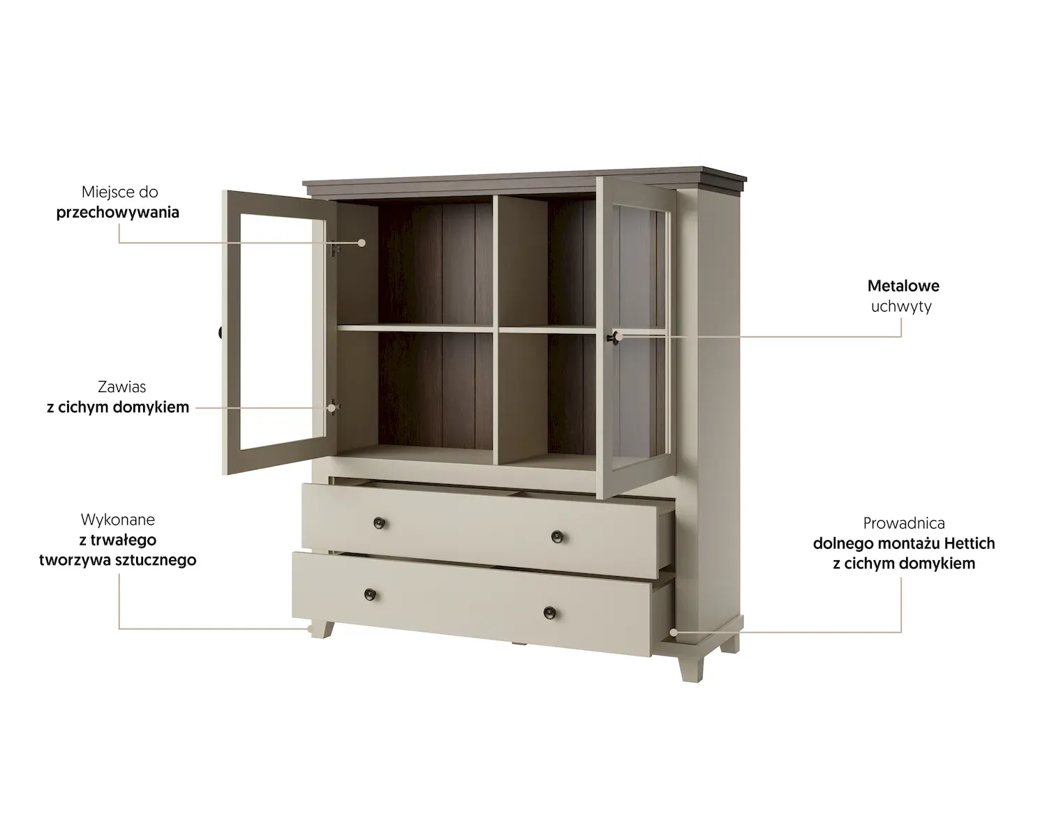Witryna niska 2-drzwiowa z 2 szufladami EVORA WM beż jasny dąb dunin - 24D1JU46