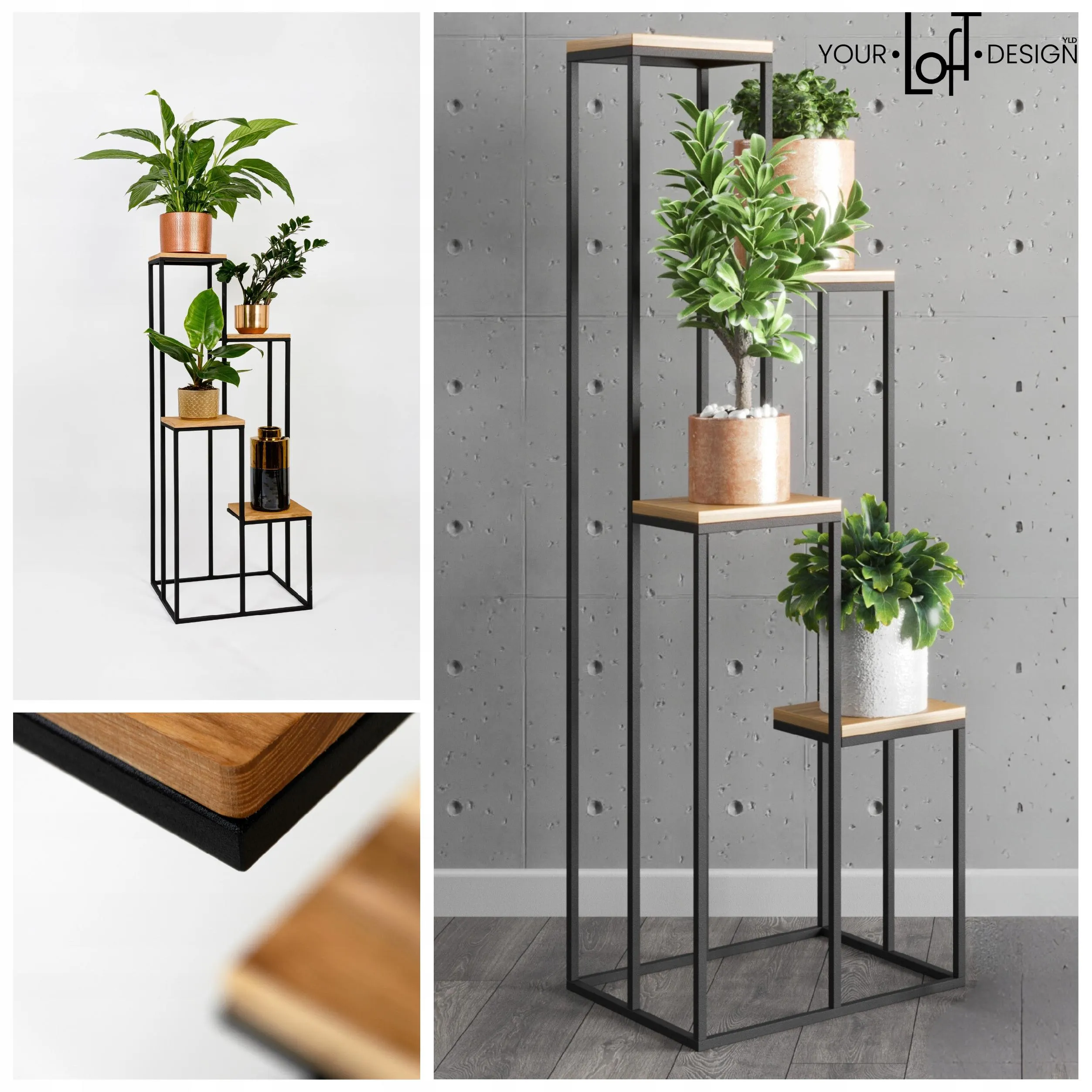 Kwietnik stojący 4-poziomowy TULUZA 40x40x112 czarny naturalny - LD_TZ000048