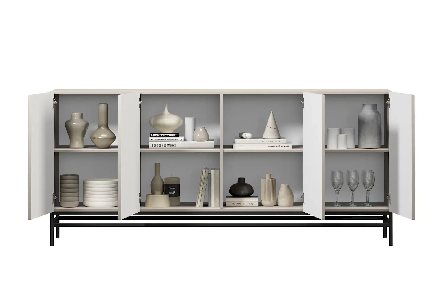 Komoda 4-drzwoiowa LORINI 200 - cashmere T-bar czarny stelaż czarny - B_166755