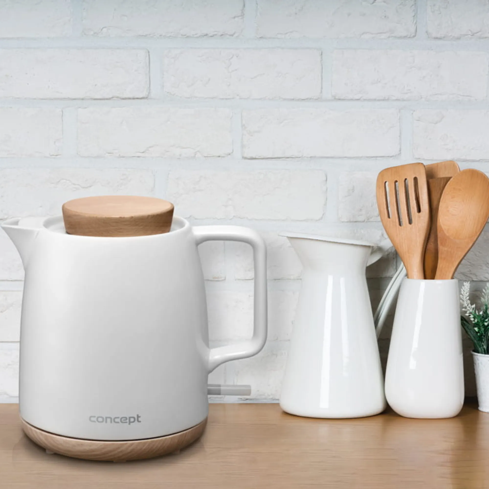 czajnik, keramiczny, biały, drewniany, kuchnia