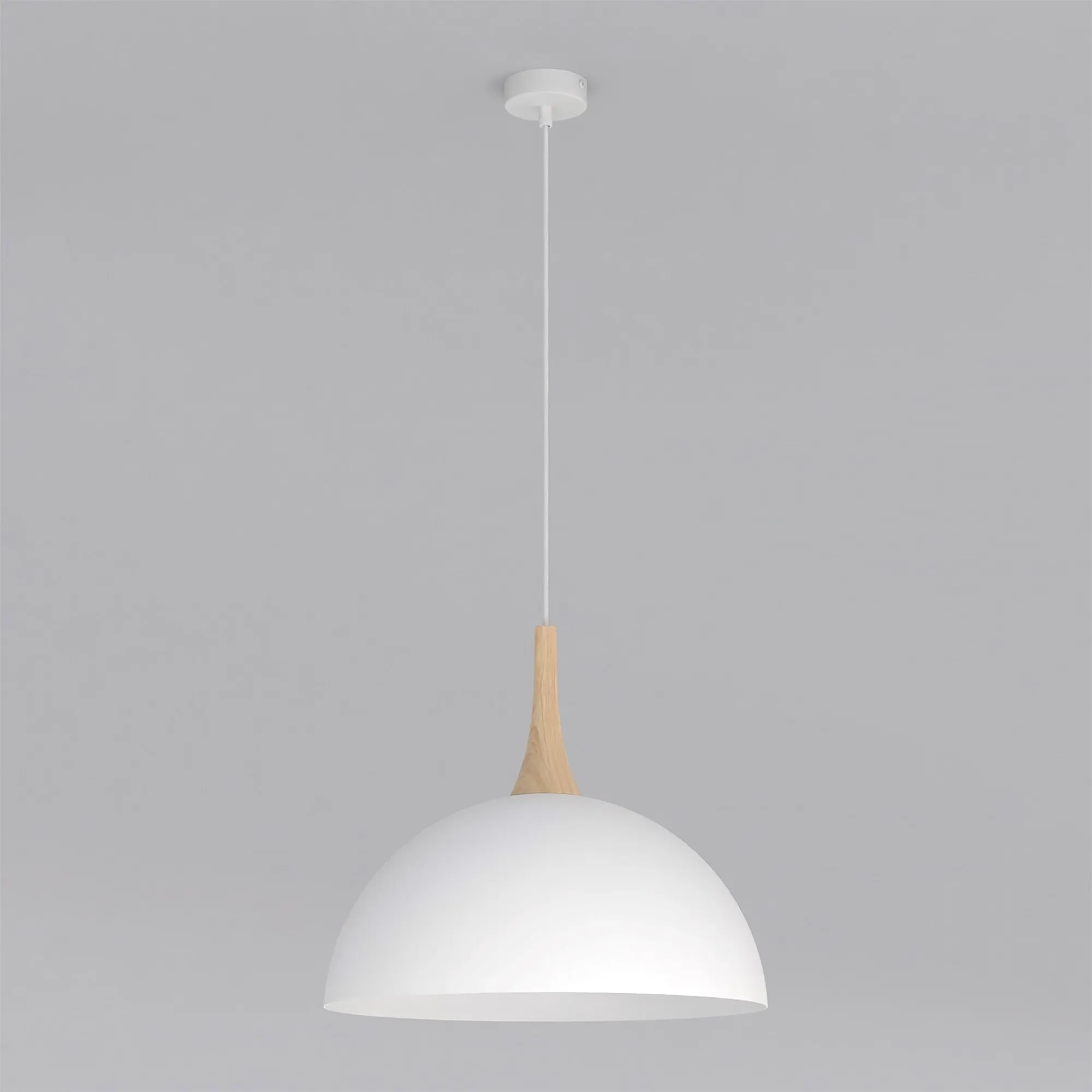 lampa wisząca, kinkiet pendanta, baldachim, drewniany element, biała półkula