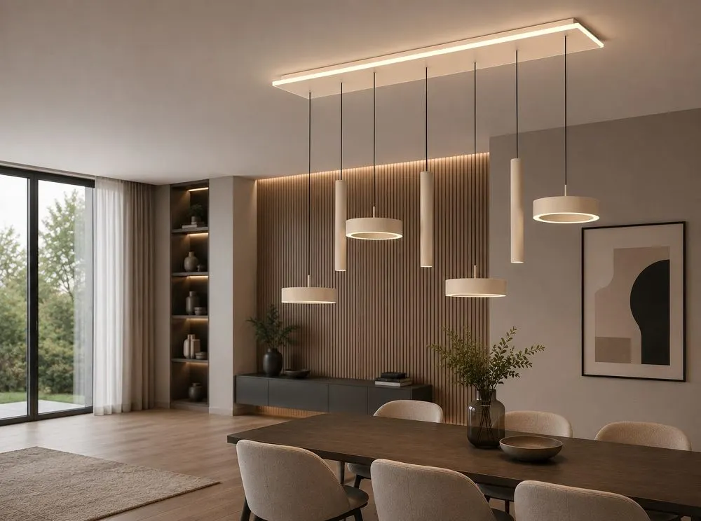 lampa wisząca, zestaw oświetlenia, jadalnia, płytkie kolory, podświetlenie LED