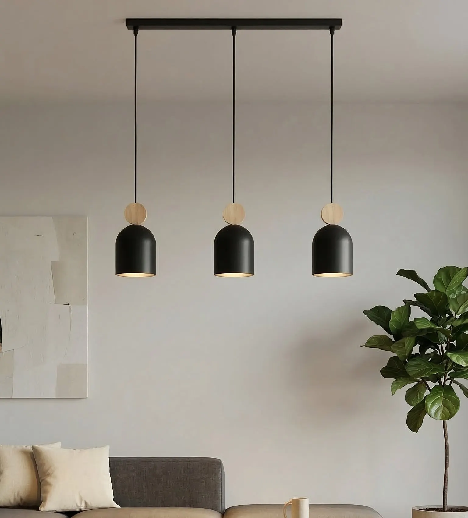 lampa wisząca, trzy punkty, czarne klosze, drewniane elementy, wnętrze nowoczesne