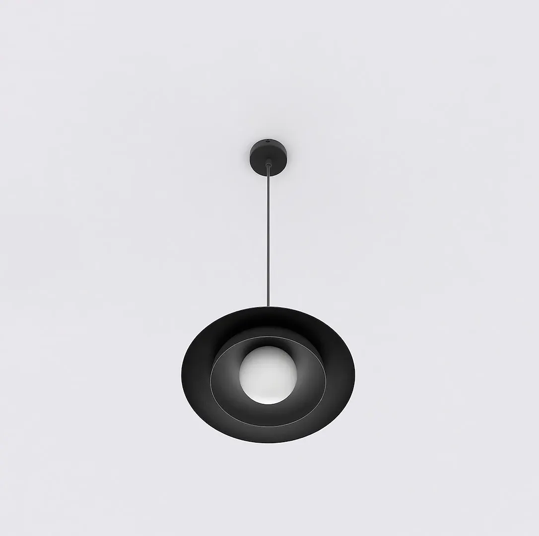 image lampa wisząca, czarna lampa, okrągła lampa, metalowy abażur, wspornik sufitowy