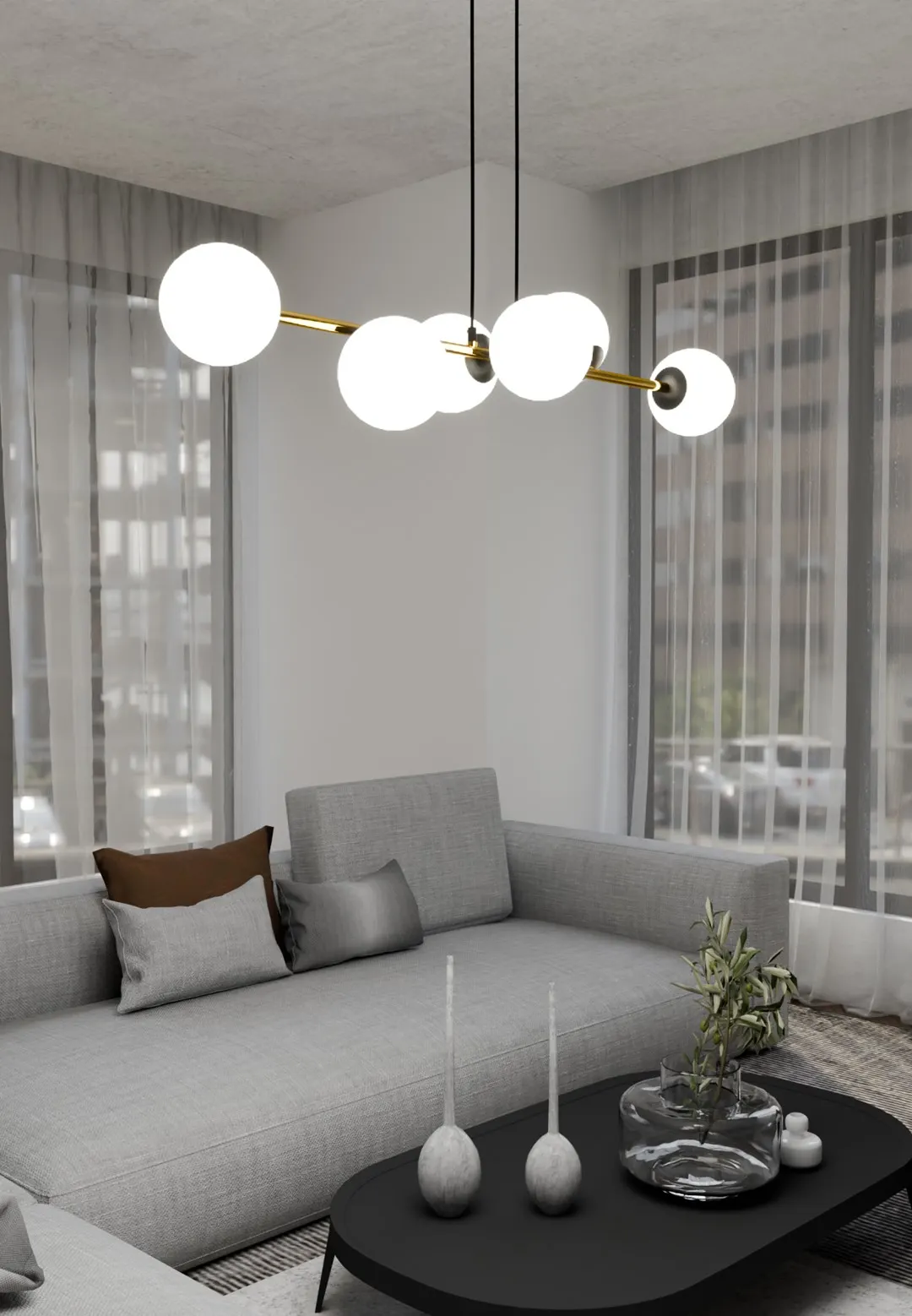 image lampa wisząca, konstrukcja globowa, kule LED, sufitowa lampa, wnętrze salonowe
