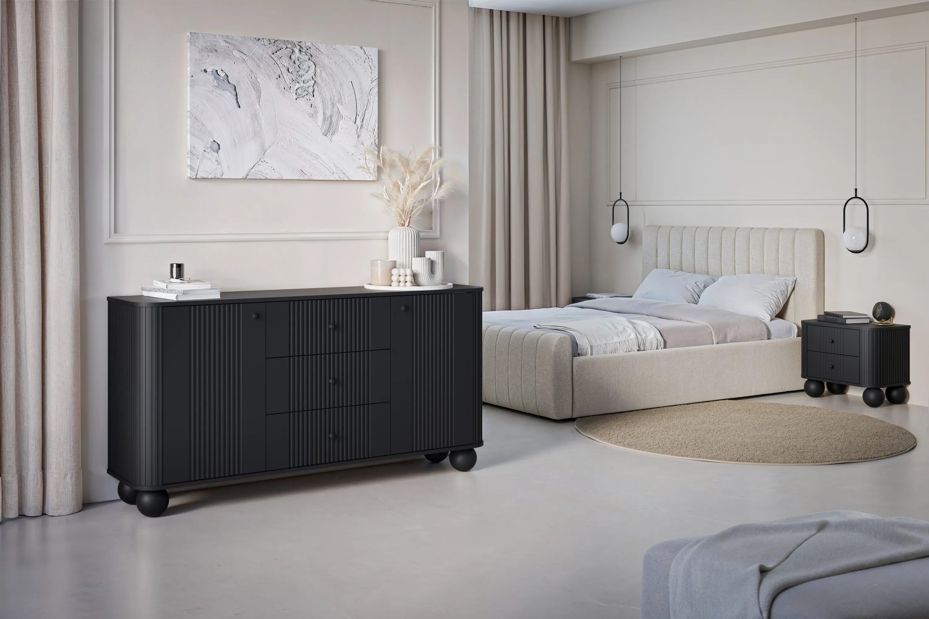 Szafka nocna z 2 szufladami VESPER 56 zestaw 2 sztuk ryflowany front czarny czarne uchwyty nogi kule - B_163849