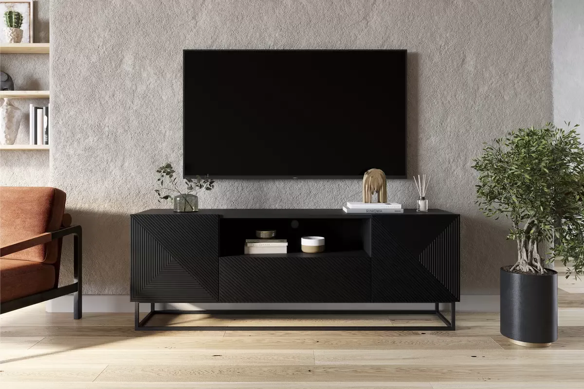 Szafka RTV ASHA 167 - czarny mat - ryflowany front - czarny stelaż - B_52165