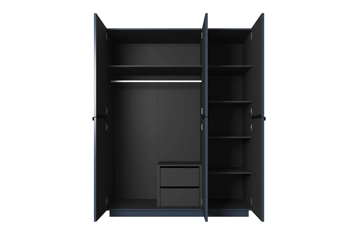 Szafa 3-drzwiowa NICOLE 150 z półkami, drążkiem i 2 szufladami - czarny mat - złote uchwyty - cokół - B_148443