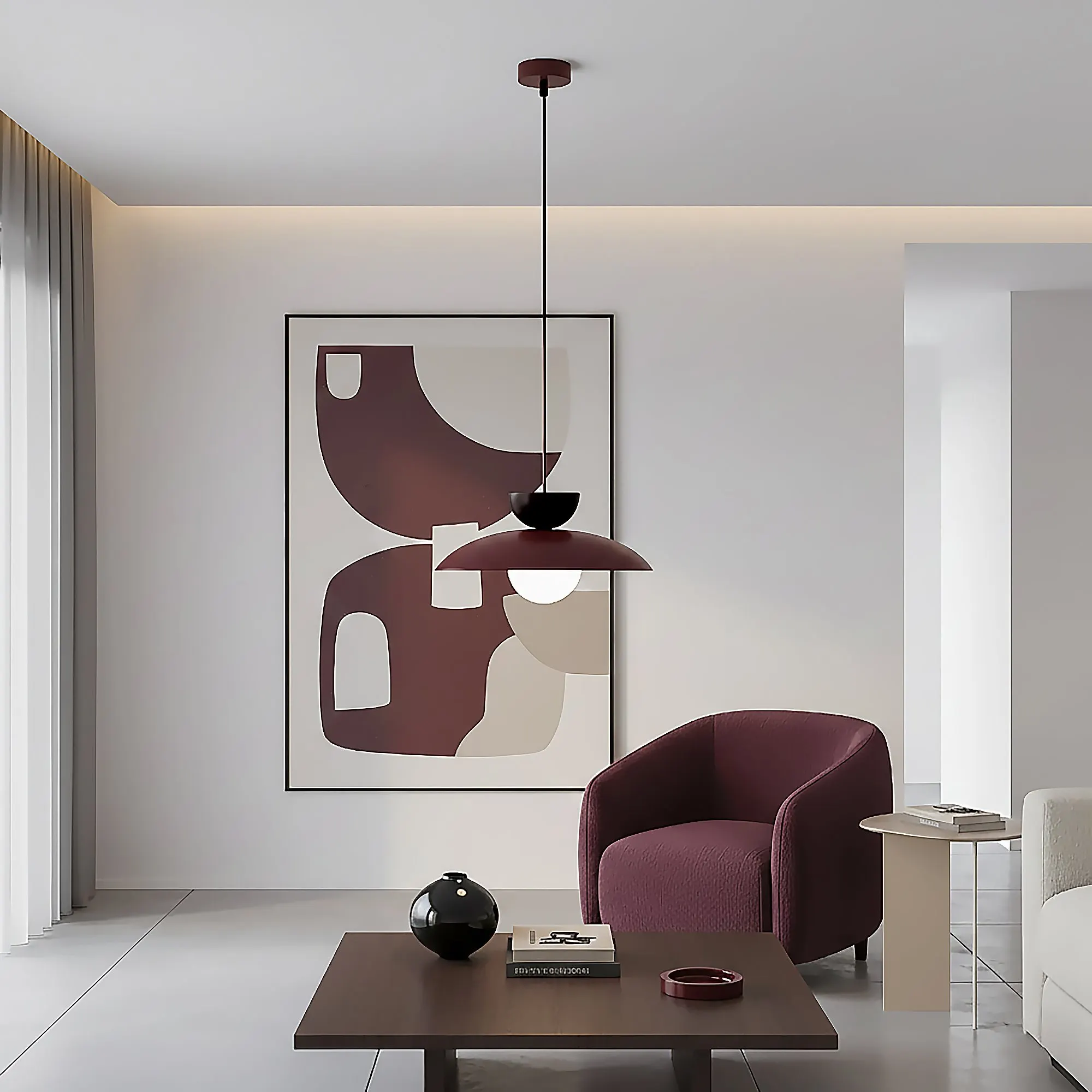 image lampa wisząca, designowa dekoracja, abstrakcyjny wzór, kolor burgundowy, salon nowoczesny