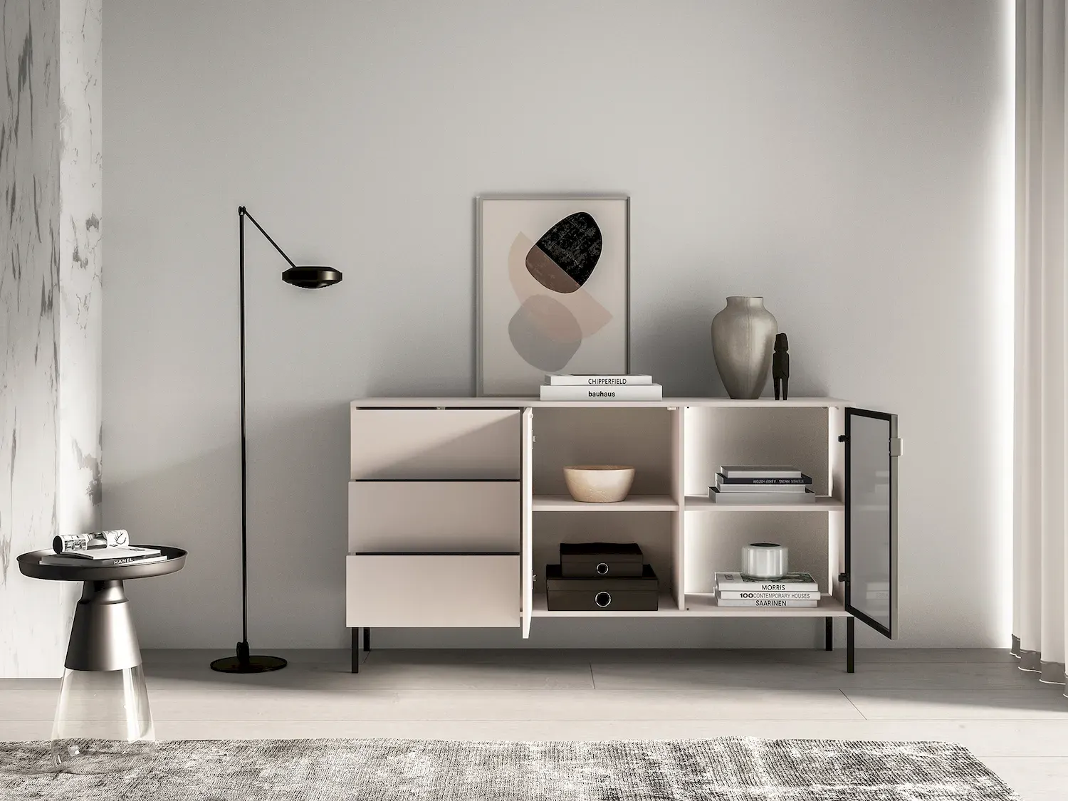 Komoda 2-drzwiowa z 3 szufladami BARNEE 02 oświetlenie LED cashmere — zdjęcie 8