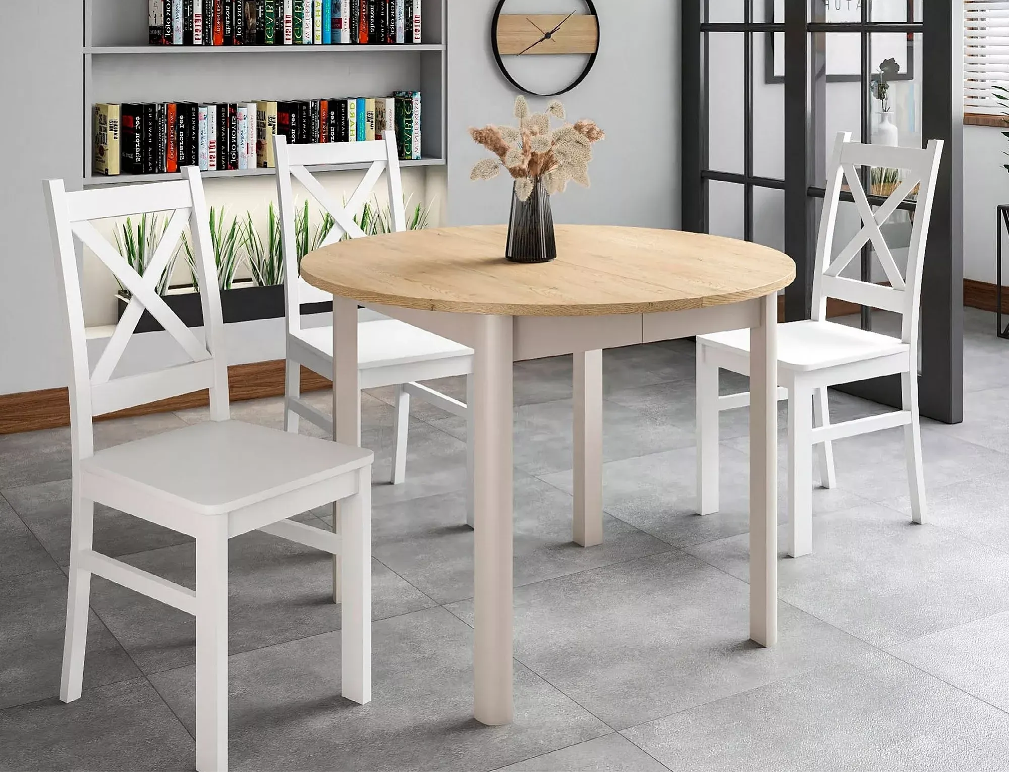 Stół rozkładany DANTE okrągły 102(144)x102 dąb cremona torro/kaszmirowy - DANTEDCTKAFI102