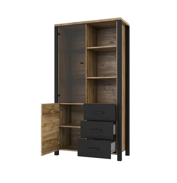 Witryna szklana OLIN 2-drzwiowa z szufladami 191x101 czarny appenzeller fichte - 24ABJC13