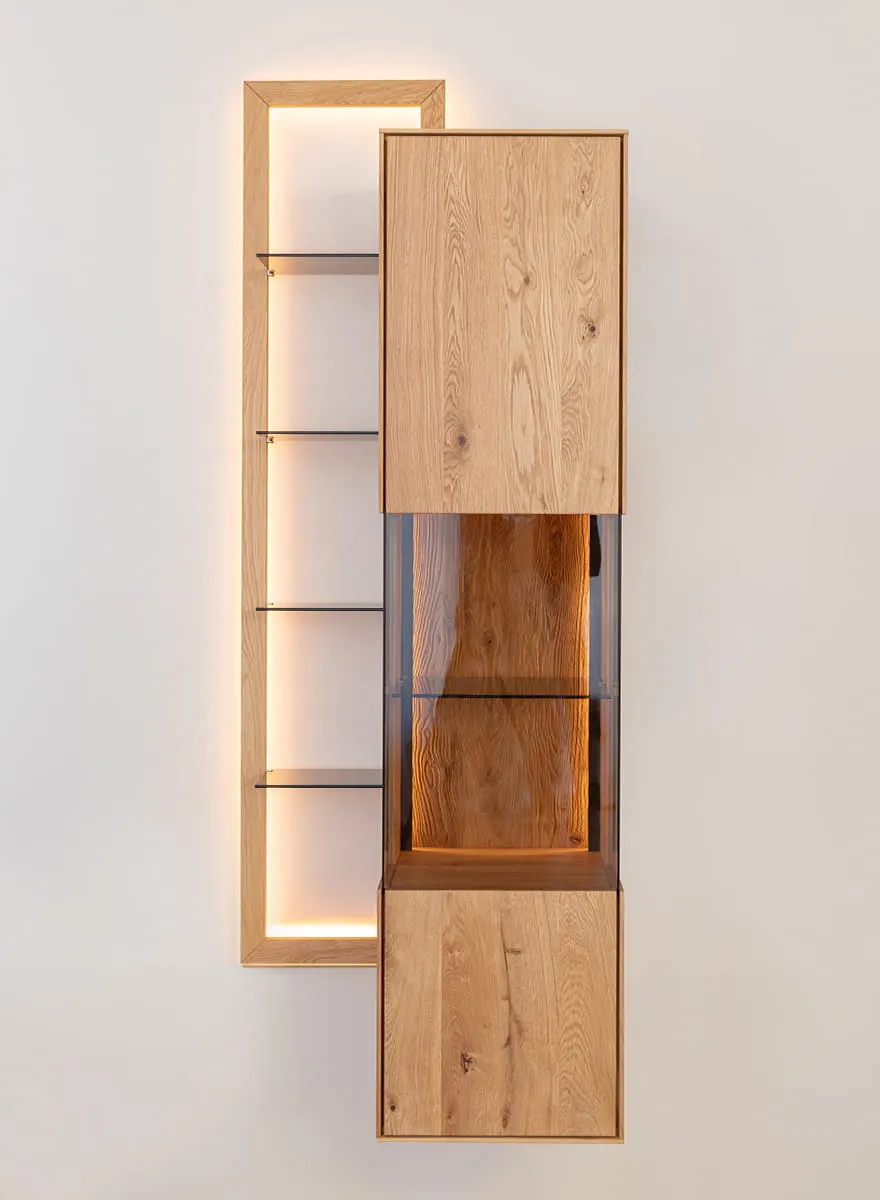 Witryna z regałem dębowa COLLODI z oświetleniem - dąb olejowany - ZICOL03