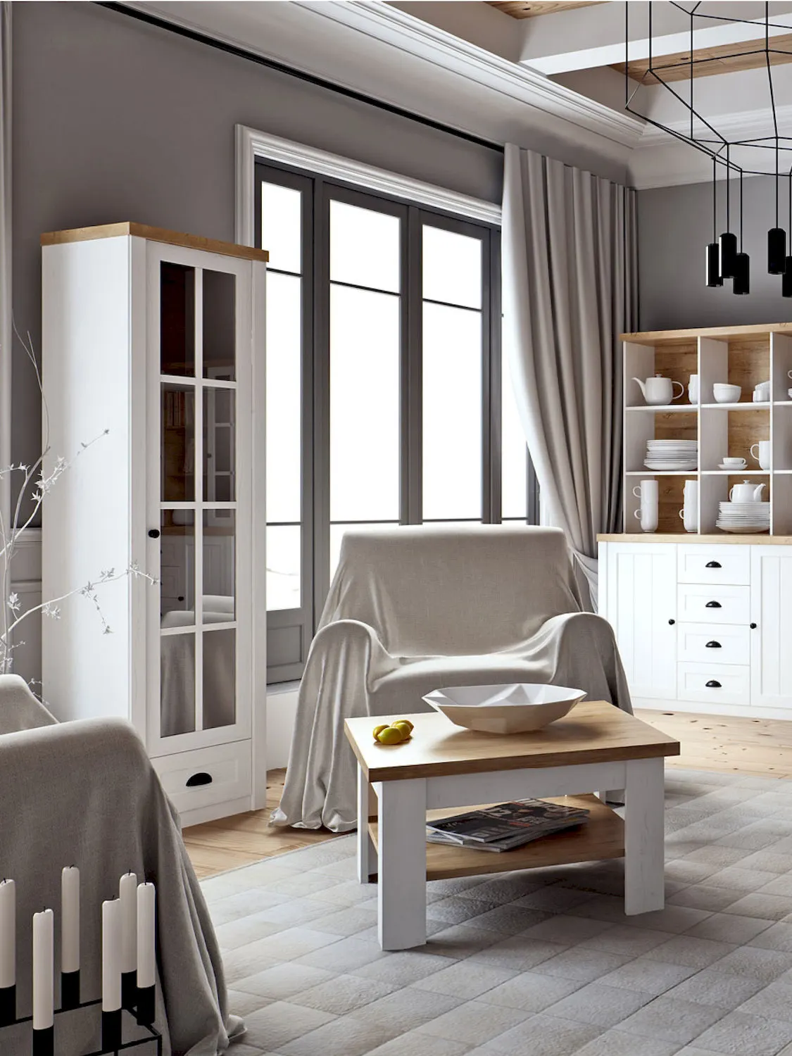 salon, inside, white furniture, coffee table, glass-front cabinet