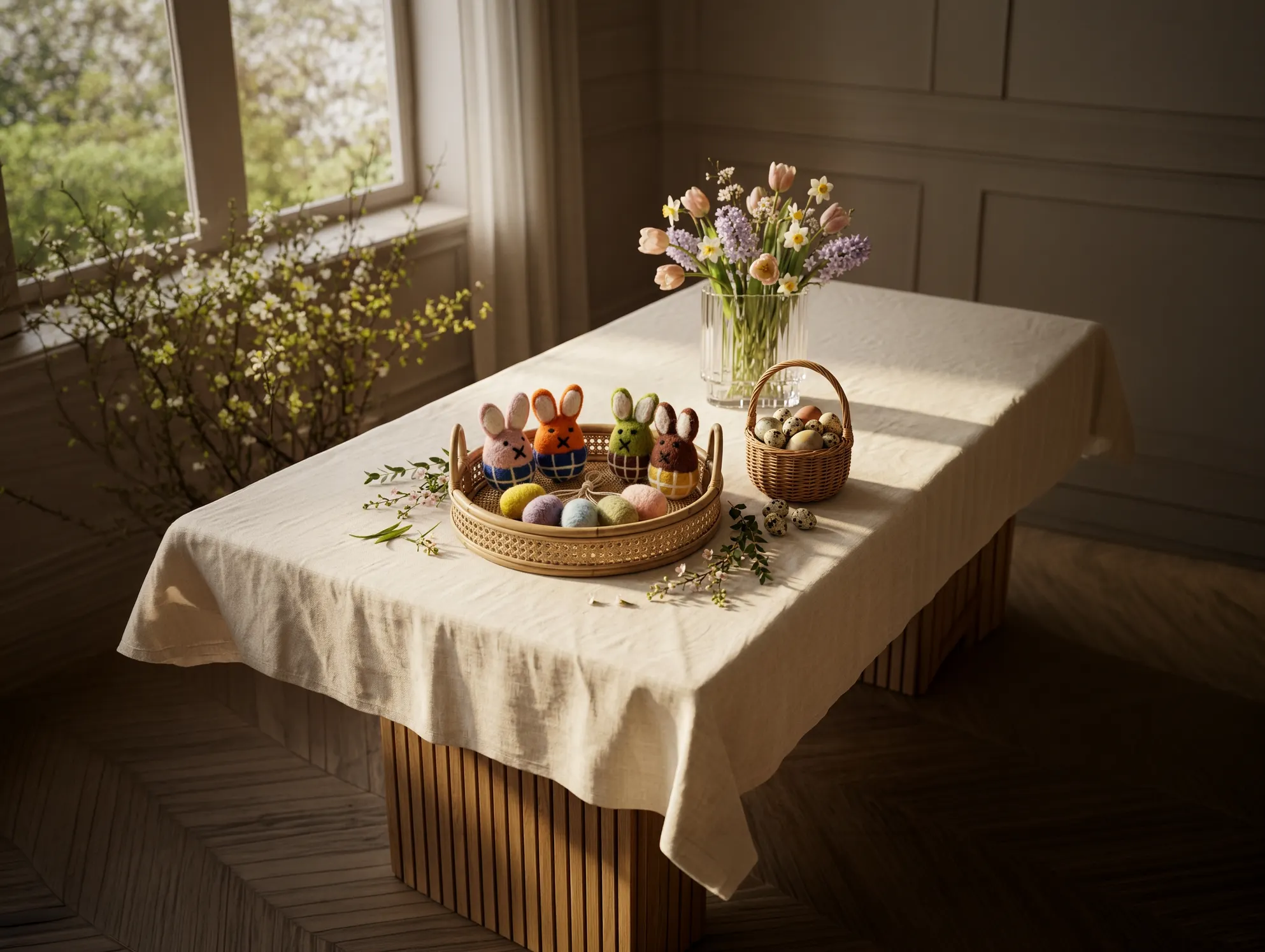 image dekoracje wielkanocne, jajka z filcu, szynszy dziecięce?, centralny stół, kompozycja kwiatowa