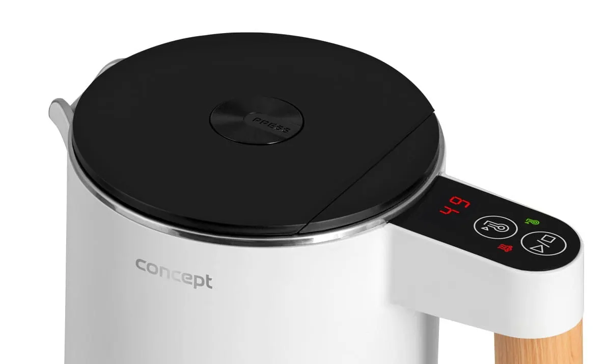 electric kettle, touch control, white body, wooden handle, compact design