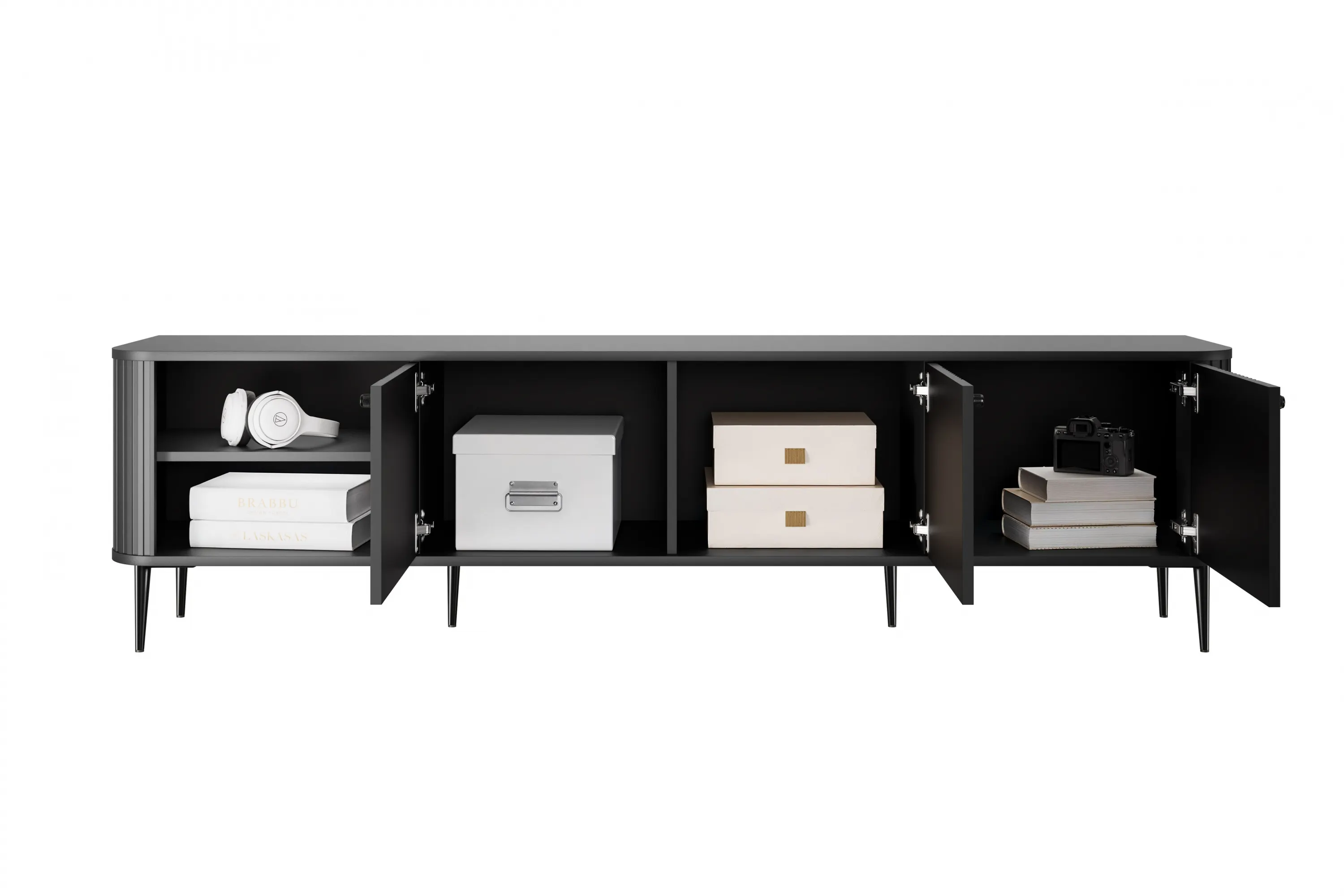 Szafka RTV 3-drzwiowa VESPER RTV 187 ryflowany front czarna czarne nogi - B_163693