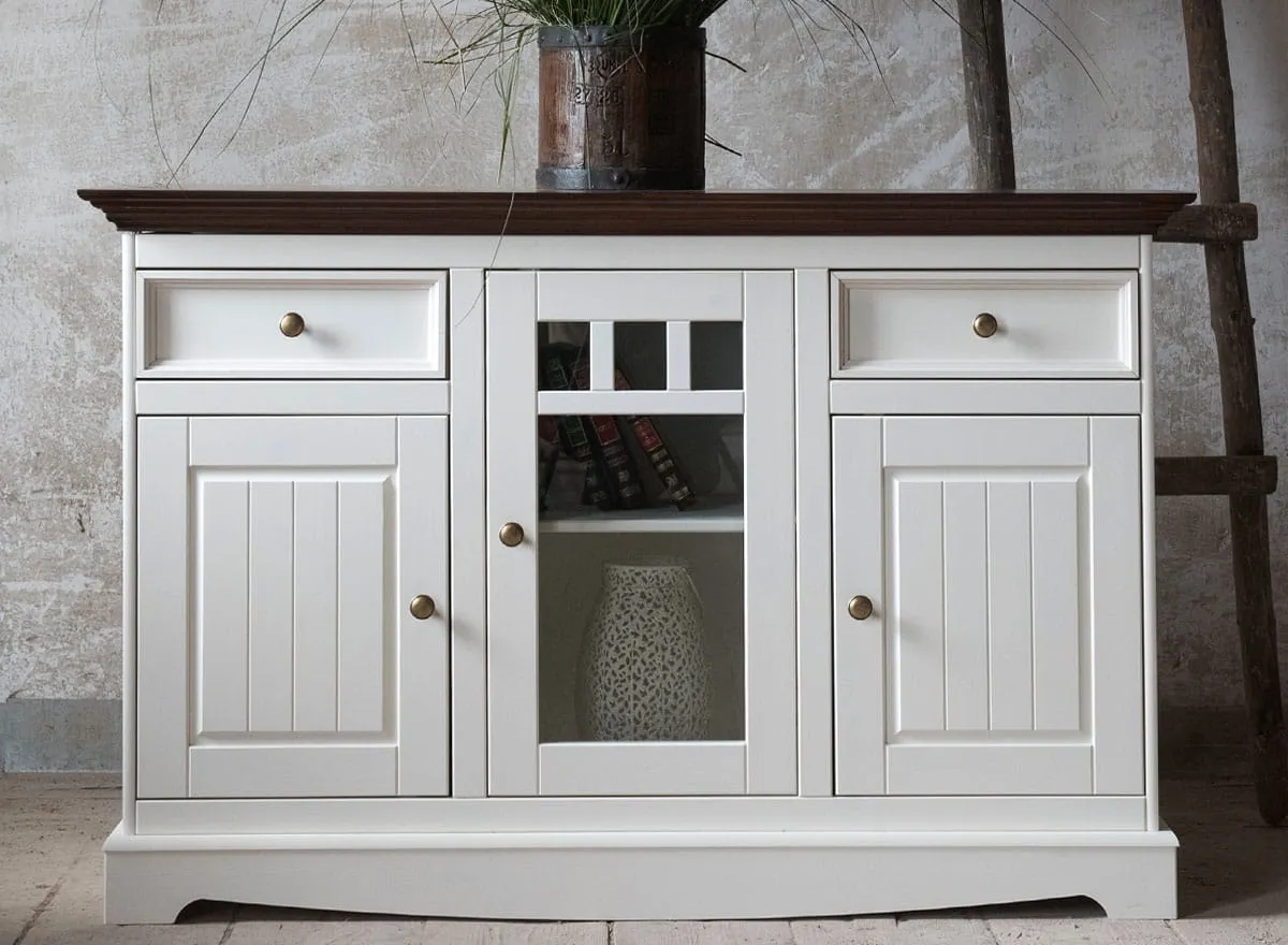 Komoda z przeszkleniem BELLUNO ELEGANTE 3-drzwiowa z 2 szufladami biała, orzechowy - PL001B/O