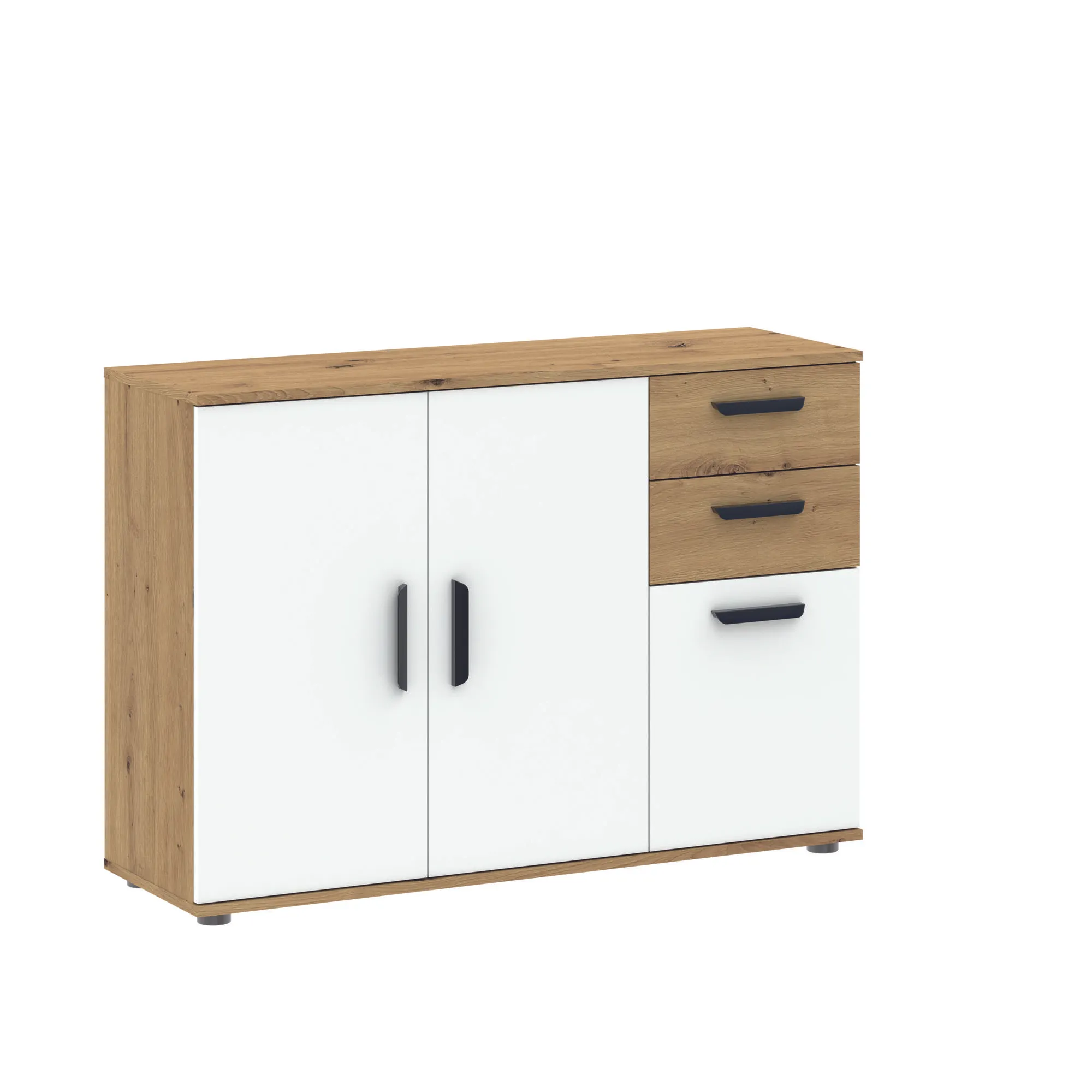 Komoda 3-drzwiowa z 3 szufladami BASIC TWO dąb artisan biały Meble, kredens, Szafka, Szuflada, Skrzynka pocztowa
