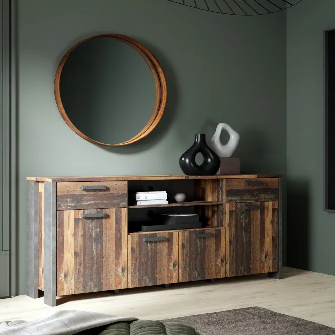 Komoda CLIF 4-drzwiowa z 2 szufladami i wnękami- old wood vintage, beton - CLFK242-C546