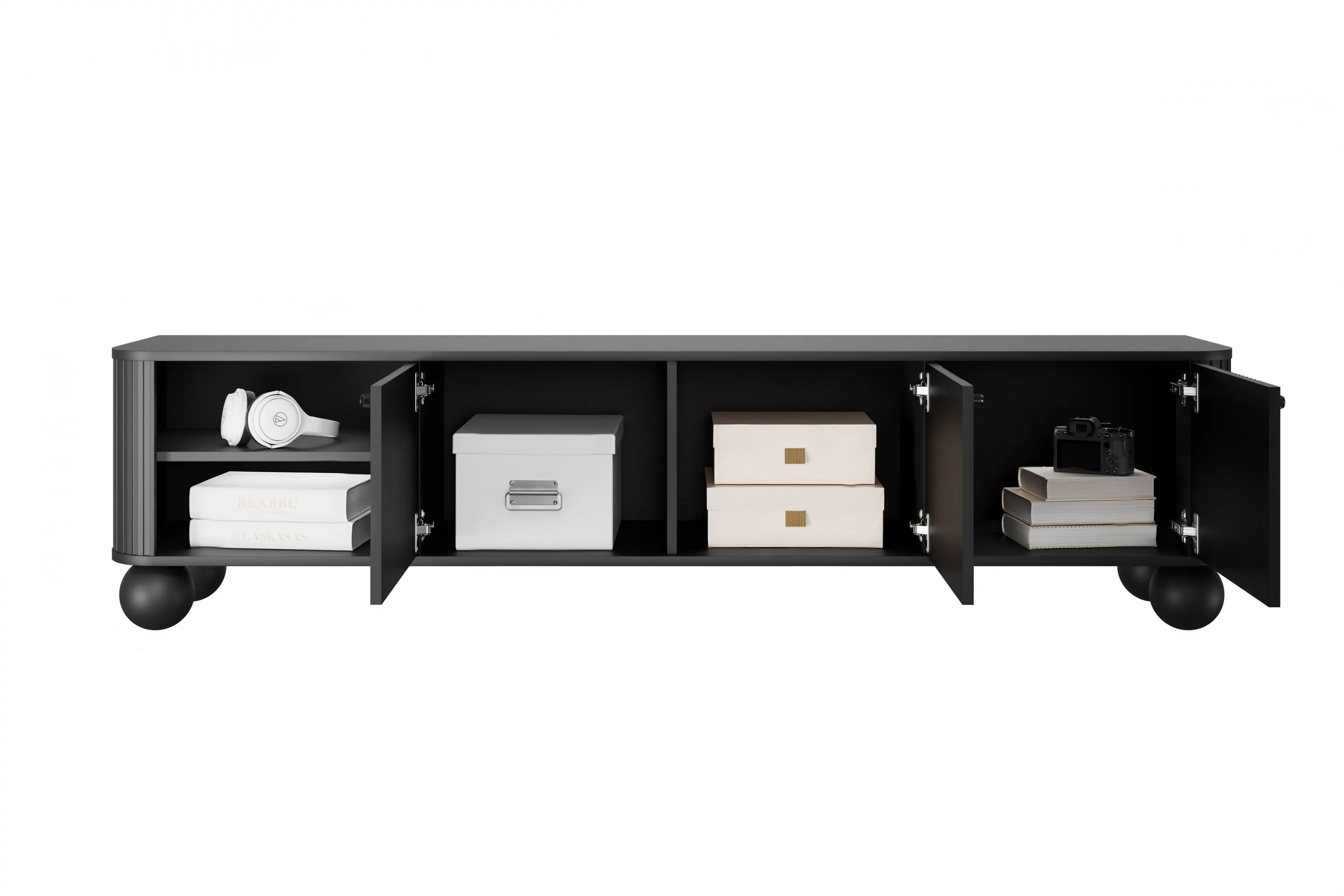 Szafka RTV 3-drzwiowa VESPER RTV 187 ryflowany front czarna czarne uchwyty nogi kule - B_163697