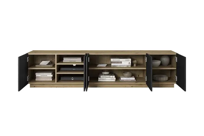 Szafka RTV ASHA 200 5D - czarny mat - dąb artisan - ryflowany front - cokół — zdjęcie 3