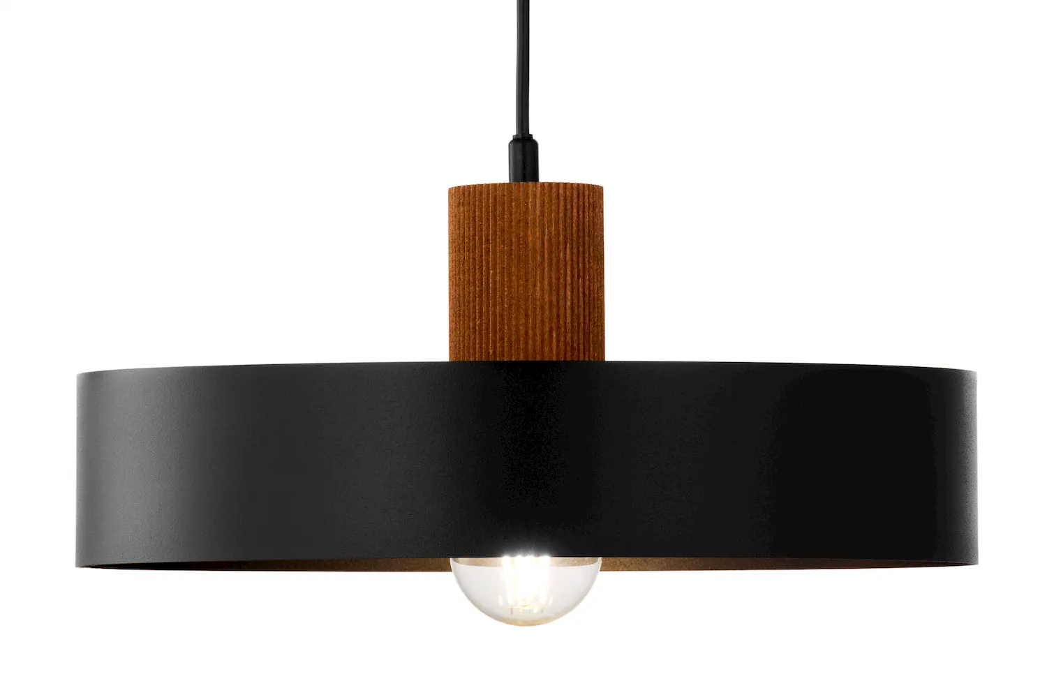 lampa wisząca, czarna oprawa, drewniana kolumna, korpus metalowy, żarówka