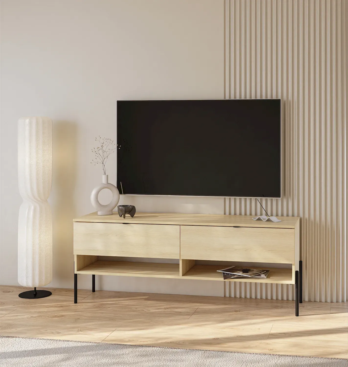 Szafka RTV z 2 szufladami ORE 140 cm dąb lindberg czarne nóżki - 24LGOG41