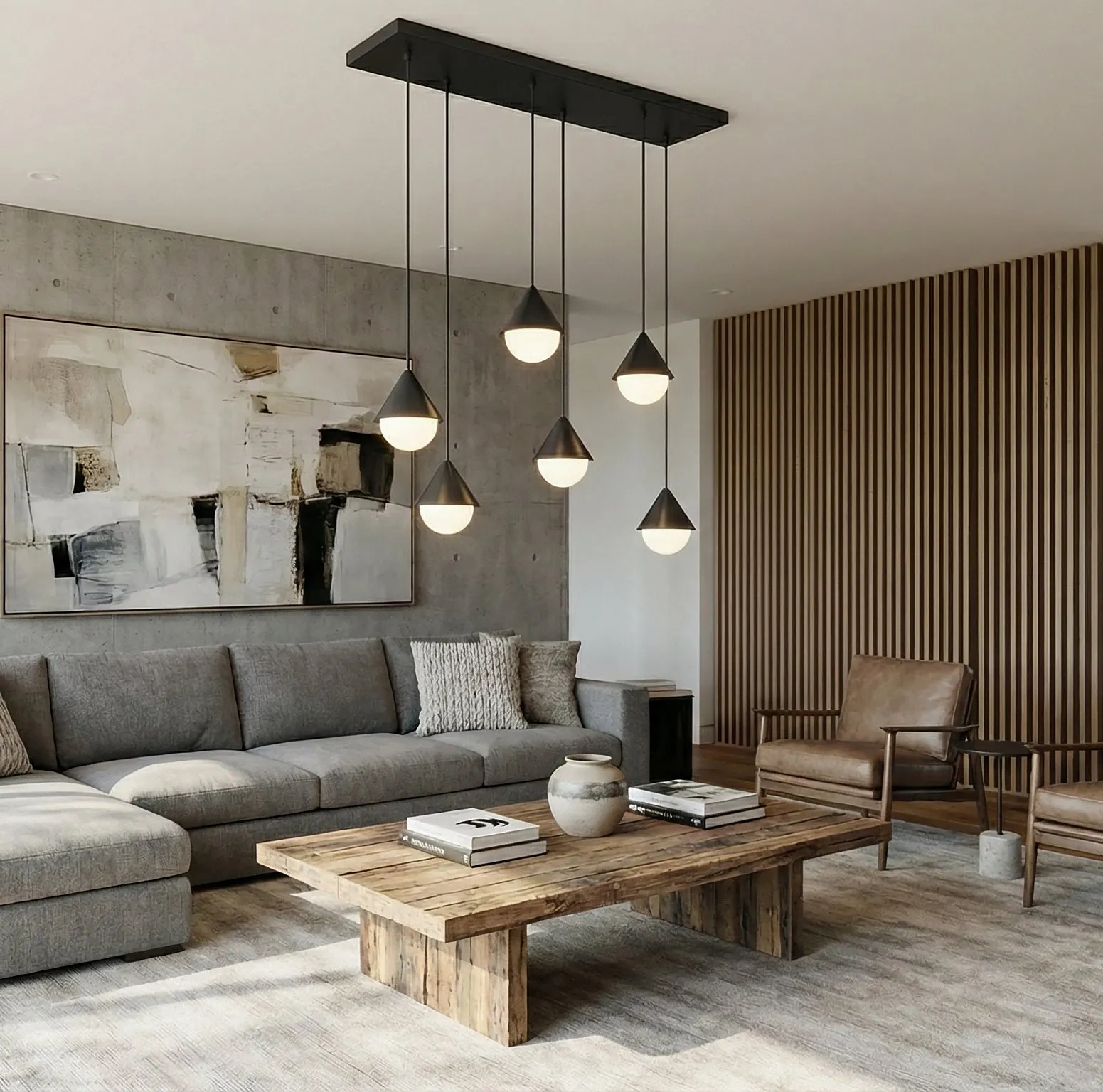 sofа, salon, stolik kawowy, lampa wisząca, panel drewniany