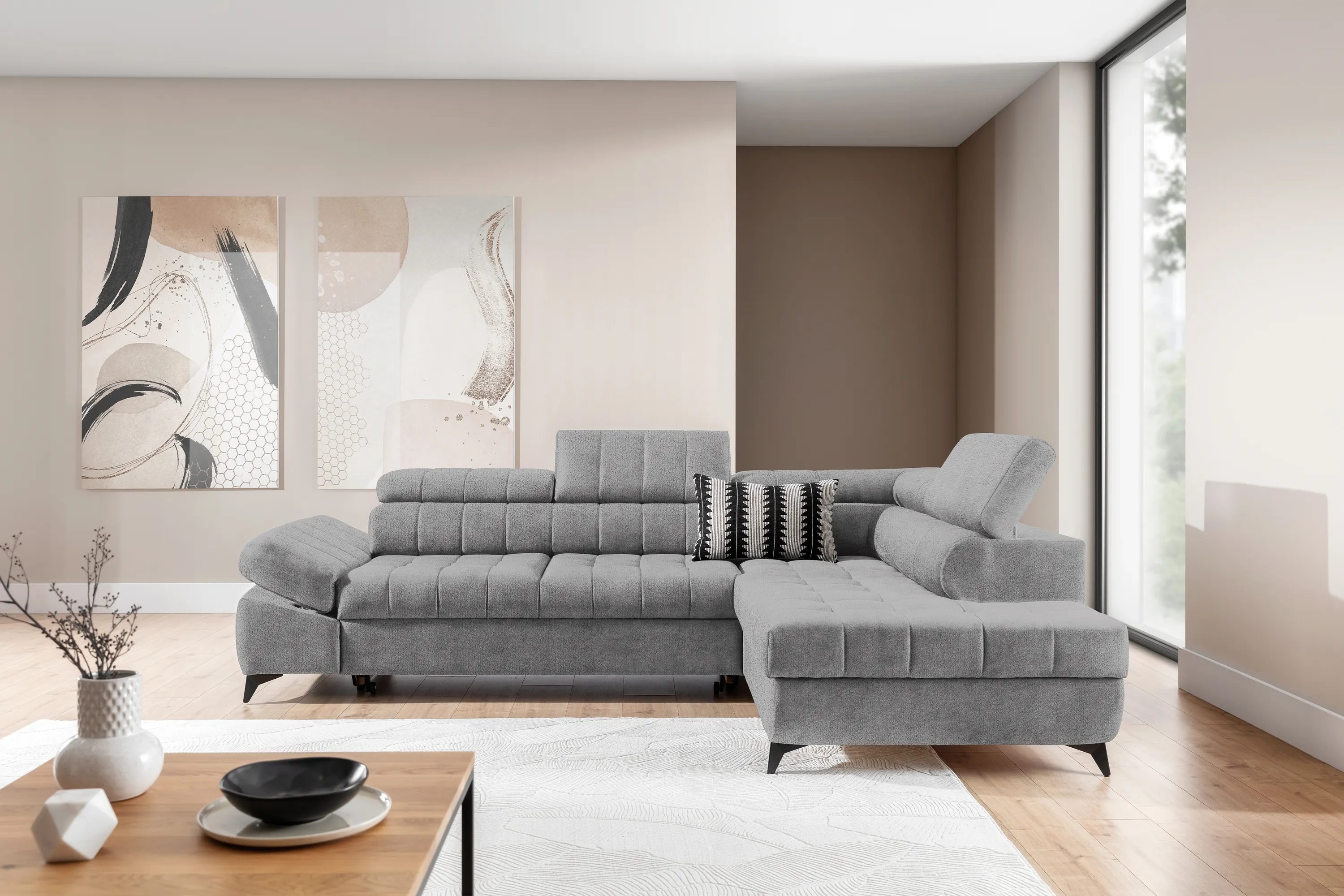 Narożnik prawostronny VALORIS L regulowane zagłówki i podłokietniki tkanina Perfect Harmony 80 jasnoszary - B_162924