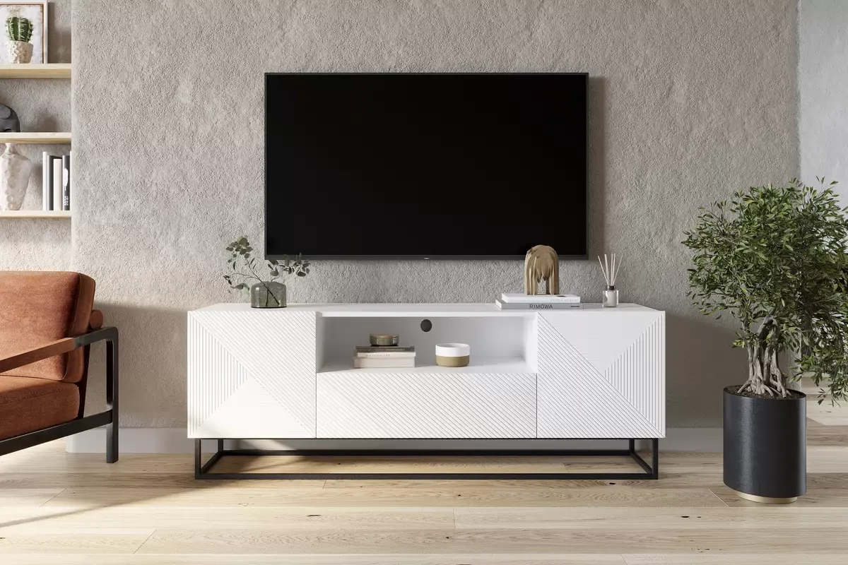 Szafka RTV ASHA 167 - biały mat - ryflowany front - czarny stelaż - B_52530