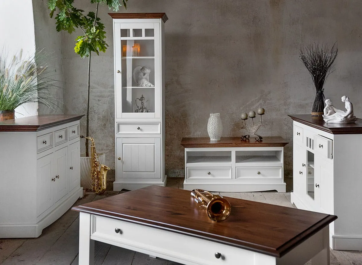 Witryna wąska BELLUNO ELEGANTE 2-drzwiowa z szufladą biała/orzech - lewa - PL014B/OL